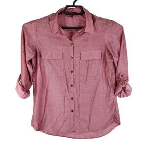 Womens Express Red Polka Dot Blouse Top Button-Up Roll Tab Sleeve Size M